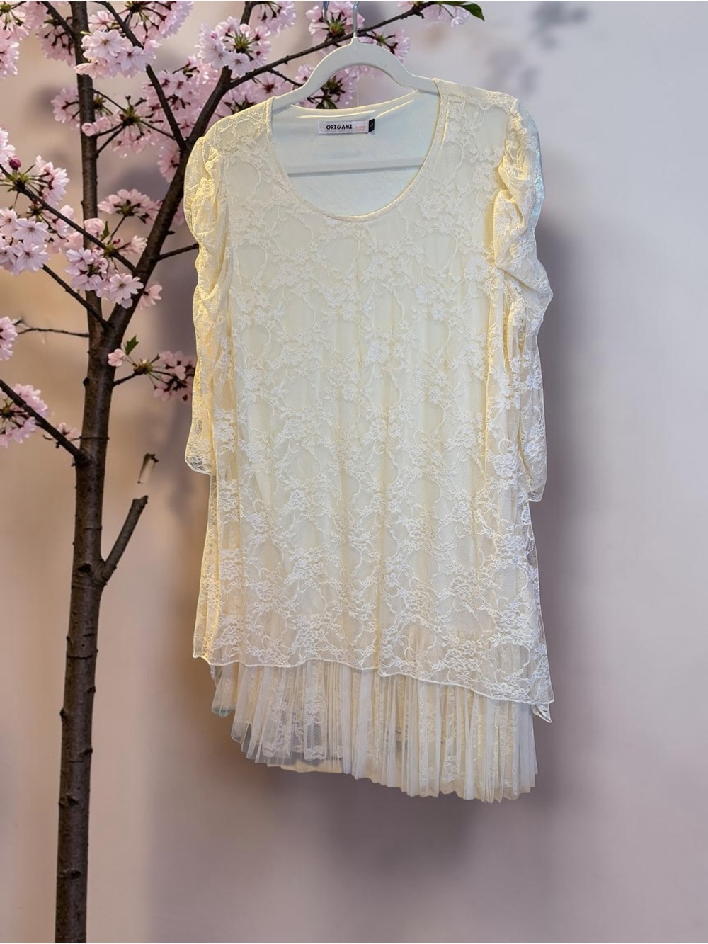 Origami Cream Lace Midi Dress with Pleated Hem